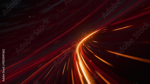 High speed motion blur of road at night with vibrant red and orange lights.