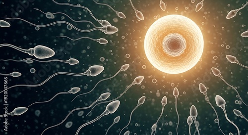 Fertilization Process - Sperm Cells Approaching and Surrounding a Human Egg Cell.