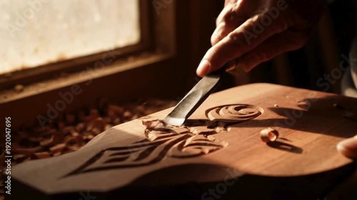 Cinematic Close-Up of Artisan Hands Carving Mahogany Wood with Chisel in Traditional Workshop