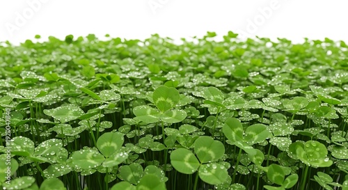 Field of Lush Green Clover Plants with Water Droplets.