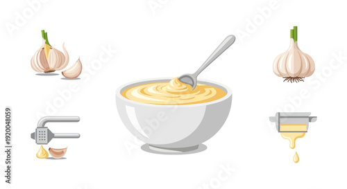 Garlic Aioli Making Process - Garlic, Spoon, Bowl, Press, Drip