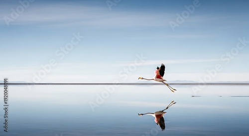 Flamingo in Flight Over Reflective Water Surface.
