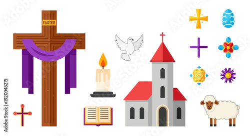 Christian Easter Symbols Collection: Cross, Candle, Dove, Church, Sheep, Egg