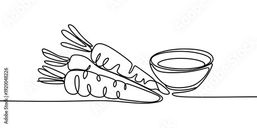 Continuous line drawing of fresh carrots with a small bowl of dip on a white background