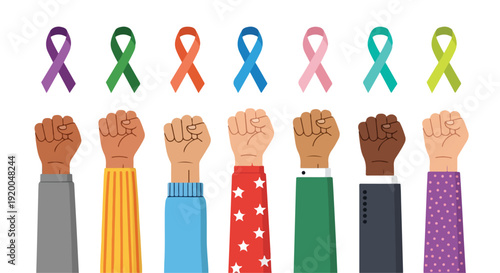 Set of 8 diverse raised fists and colorful awareness ribbons vector