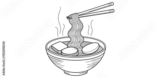A simple black and white line drawing of a steaming bowl of ramen noodles with chopsticks.