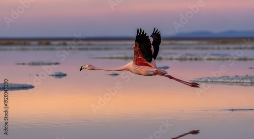 Flamingo in Flight Over Serene Water at Sunset.