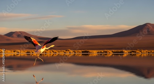Flamingo Takes Flight Over Reflective Andean Lake at Sunset.