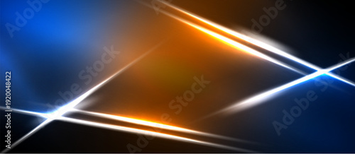 Abstract design features bright lines, orange, blue hues. Dynamic composition creates energetic visual impact. Minimalist aesthetic.