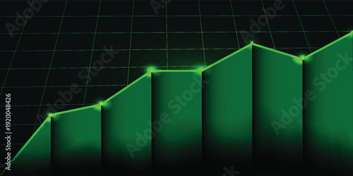 Abstract green line graph showing an upward trend and growth on a dark grid background, symbolizing progress and positive performance.