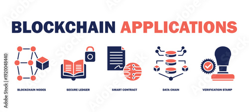 blockchain applications banner web icon vector illustration featuring icons of blockchain nodes, secure ledger, smart contract, data chain, verification stamp.