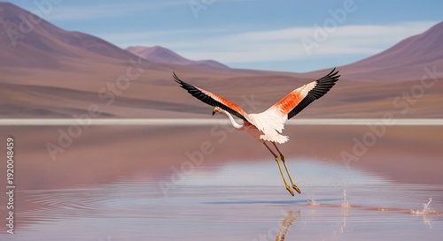 Flamingo Takes Flight Over Reflective Water in Mountain Landscape.