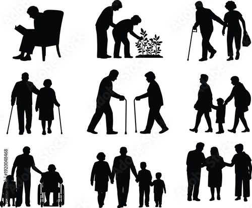 Set of elderly people silhouettes including seniors walking with canes, in wheelchairs, gardening, and spending time with family, isolated on white background.