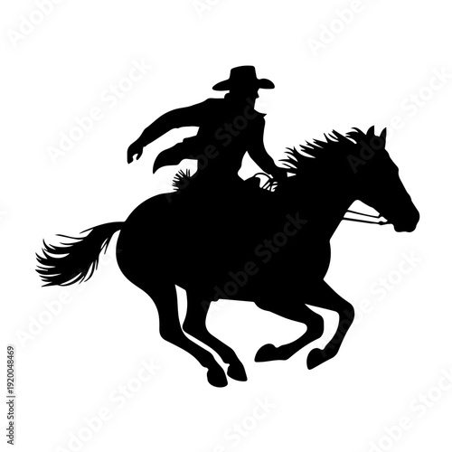 Vector Silhouette Illustration of Centered Cowboy Riding Galloping Horse with Flowing Mane on White Background