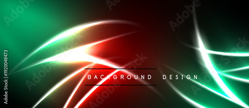 Abstract design features vibrant green, red hues. White lines create dynamic flow, modern aesthetic. Dark background emphasizes bright colors.