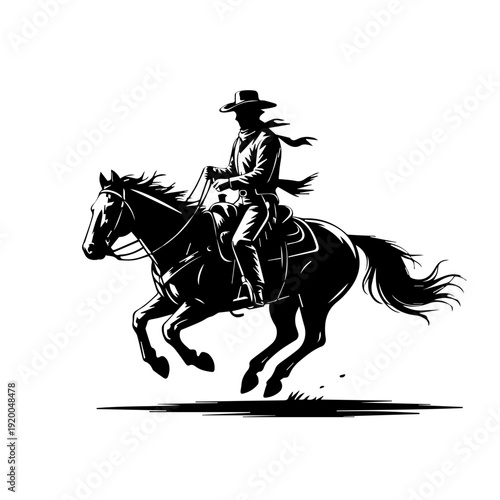 Vector Silhouette Illustration of Centered Cowboy Riding Galloping Horse with Flowing Mane on White Background