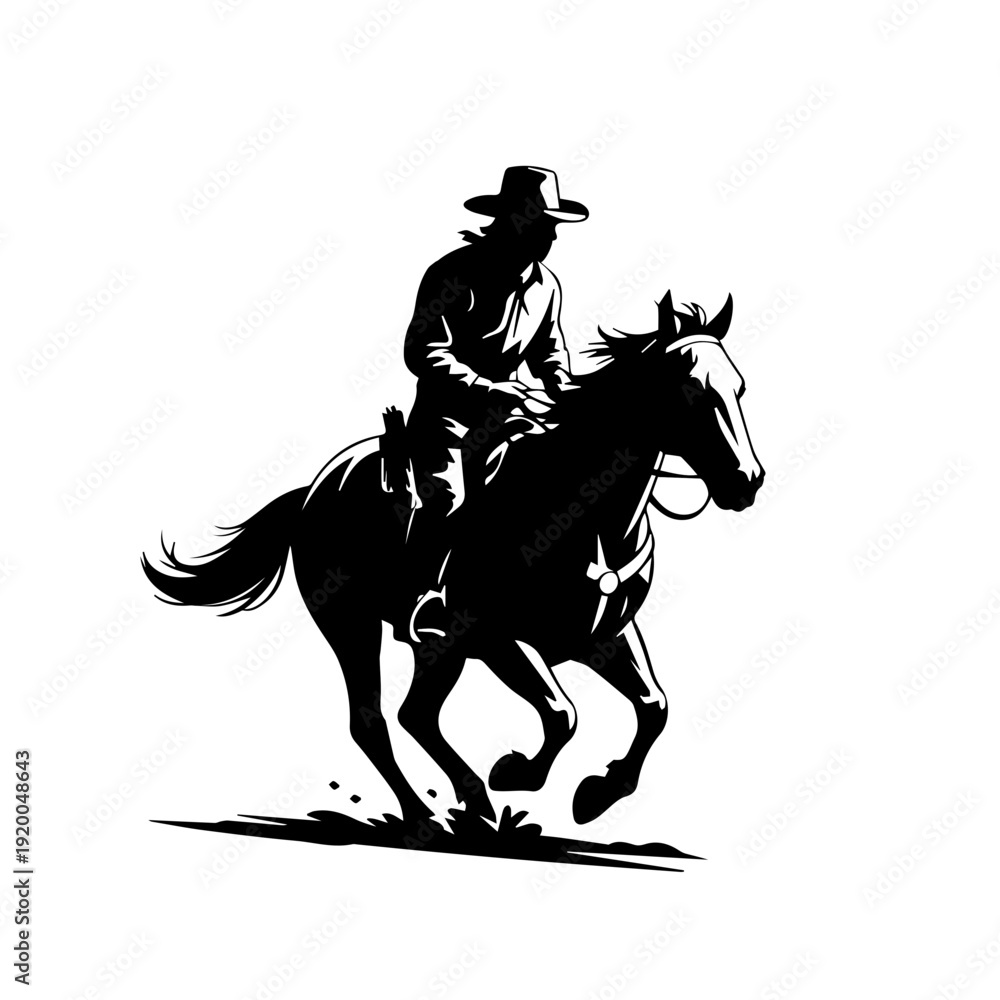 Naklejka premium Vector Silhouette Illustration of Centered Cowboy Riding Galloping Horse with Flowing Mane on White Background