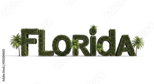 Florida Text Made of Green Plants and Palm Trees on White Background.