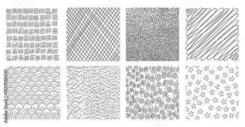 Hand-drawn crosshatch patterns with organic lines and pencil textures vector illustration set. Sketch-style hatching creates depth through diagonal strokes and cross-line shading techniques.