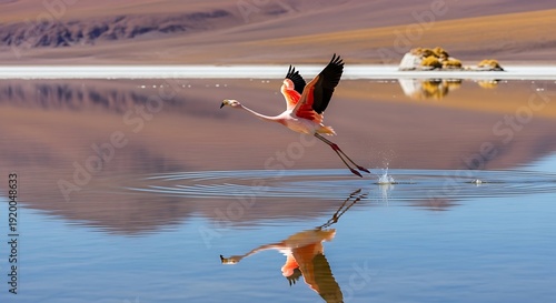 Flamingo Takes Flight Over Reflective Water Landscape.