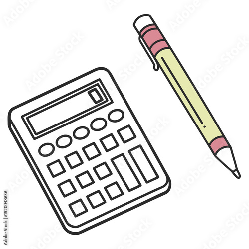 Calculator and Pencil Illustration on White Background