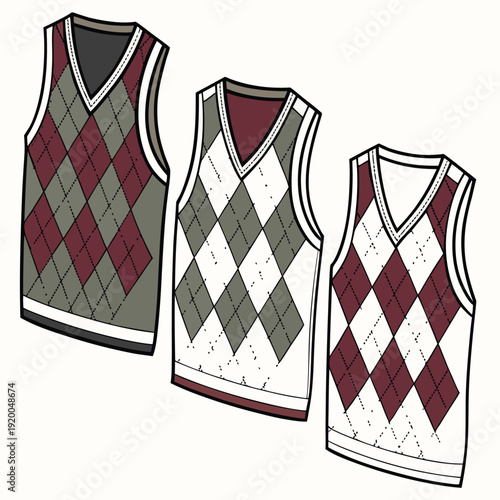 Argyle Sweater Vest Set in Red, Gray, and White on Isolated Background