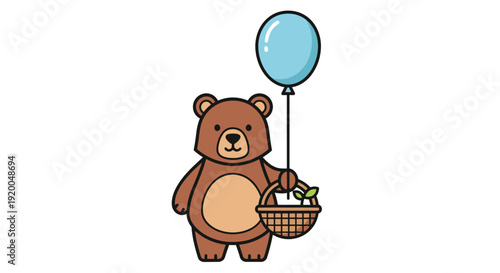 Cute bear holding balloon and gift basket