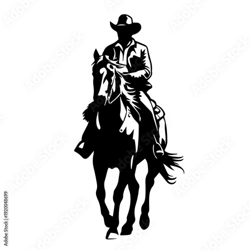 Vector Silhouette Illustration of Centered Cowboy Riding Galloping Horse with Flowing Mane on White Background