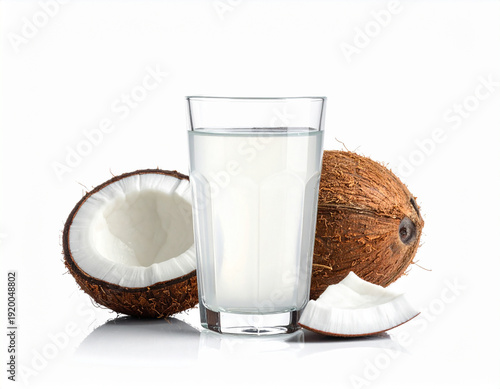 Pure organic coconut water in a glass, served with fresh coconut shells. A refreshing, healthy drink packed with natural electrolytes for hydration.