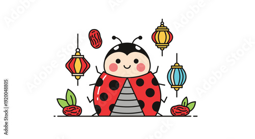Ladybug with lanterns and peanuts in festive scene