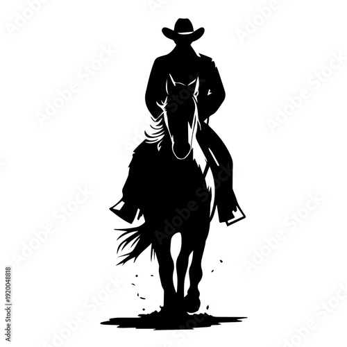 Vector Silhouette Illustration of Centered Cowboy Riding Galloping Horse with Flowing Mane on White Background