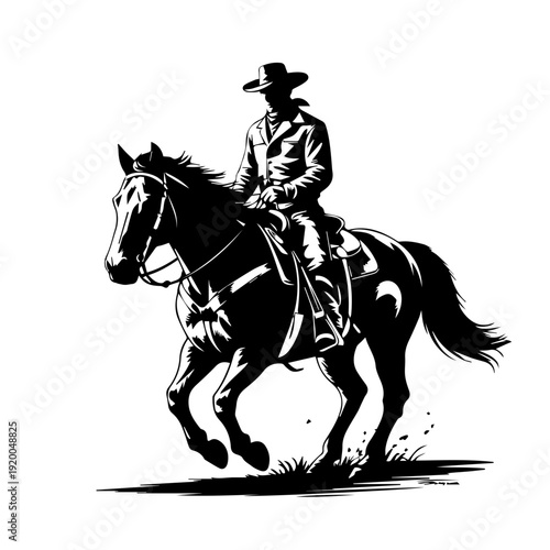 Vector Silhouette Illustration of Centered Cowboy Riding Galloping Horse with Flowing Mane on White Background