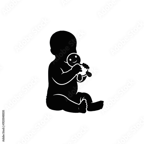 Baby sitting and chewing toy silhouette. Infant playing with rattle vector icon