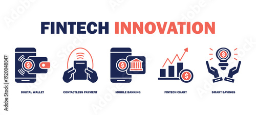 fintech innovation banner web icon vector illustration featuring icons of digital wallet, contactless payment, mobile banking, fintech chart, smart savings.