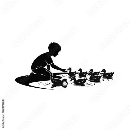 Boy feeding ducks in pond. Silhouette vector illustration of child and nature.