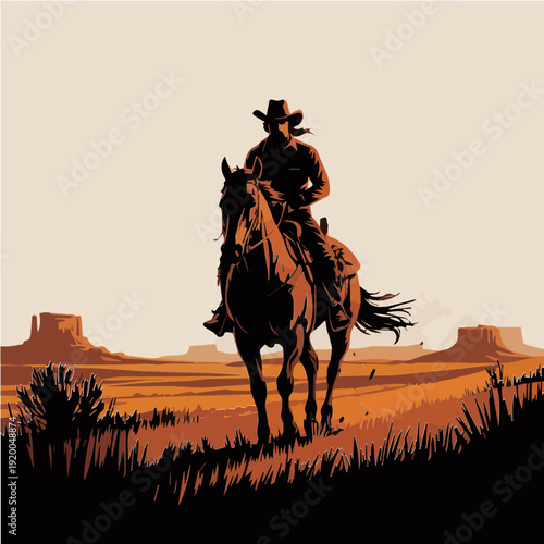 Vector Silhouette Illustration of Centered Cowboy Riding Galloping Horse with Flowing Mane on White Background