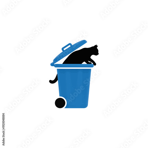 Cat climbing into blue recycling bin. Waste management and pet curiosity concept. Flat vector icon