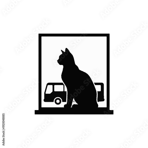 Cat sitting in window watching bus. Pet waiting and urban transport concept. Silhouette vector illustration