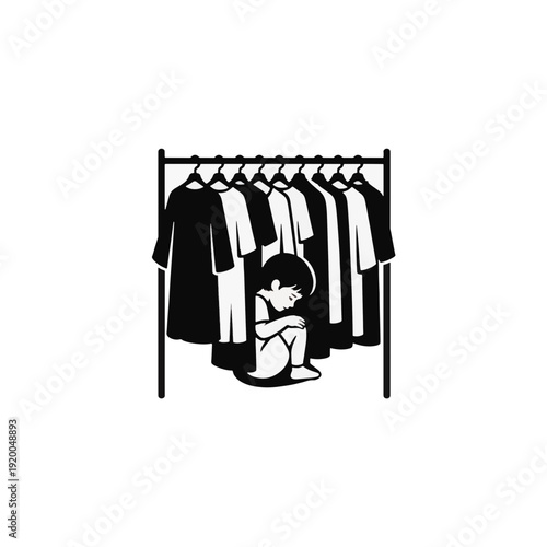 Child hiding in clothing rack. Kid playing hide and seek among hanging clothes. Vector silhouette icon