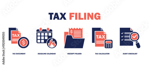tax filing banner web icon vector illustration featuring icons of tax document, deadline calendar, receipt folder, tax calculator, audit checklist.