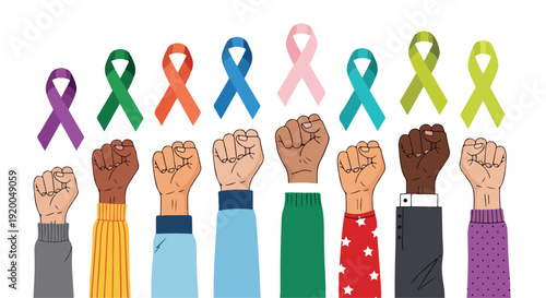 Diverse Raised Fists and Colorful Awareness Ribbons Vector Illustration