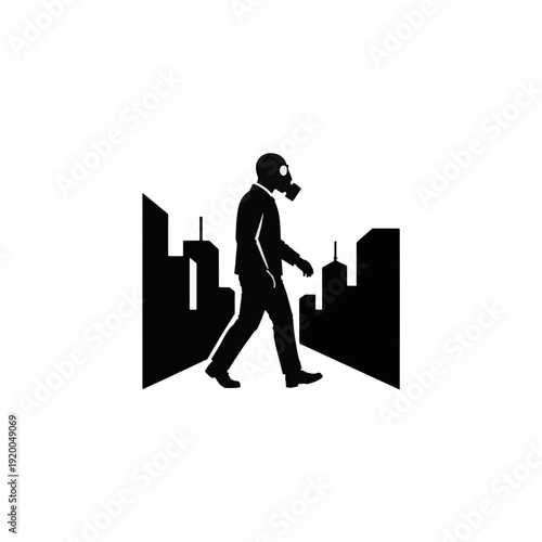Man with gas mask walking in city silhouette. Urban pollution and apocalypse concept. Vector icon