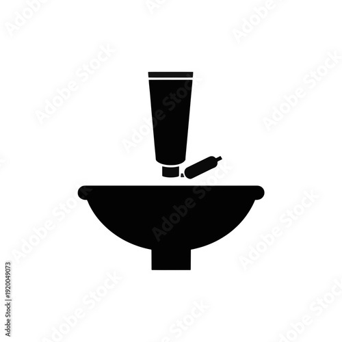 Bathroom sink with toothpaste and toothbrush icon. Dental hygiene and washing symbol. Solid black vector silhouette