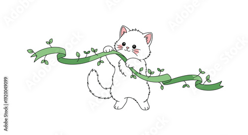 Cute white kitten Playing with green ivy ribbon