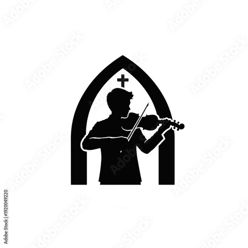 Young violinist performing in church silhouette. Musician playing violin under gothic arch. Flat design vector illustration isolated on transparent background