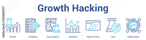 Growth Hacking web banner icon set vector illustration concept for business with icon of Growth, Targeting, Data Analysis, Statistics, Digital Tactics, Go.