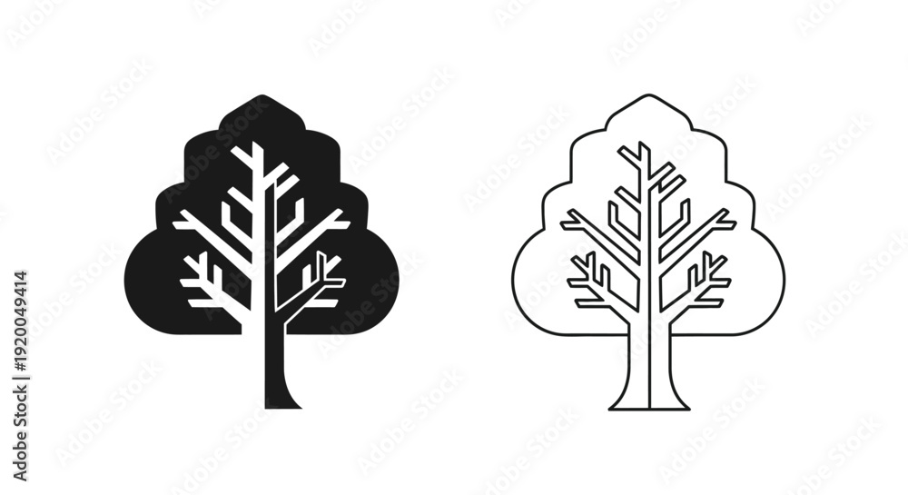 Obraz premium Minimalist tree icons set, black and white tree symbols, nature illustration Vector