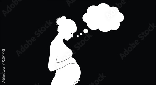 Pregnant Woman Silhouette with Blank Thought Bubble on Black Background