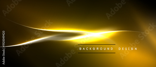 Abstract golden lines create dynamic flow. Bright light radiates from center, contrasting dark background. Modern design element.
