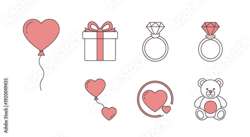 Valentine's Day Icons: Heart Balloon, Gift Box, Rings, Teddy Bear, Hearts